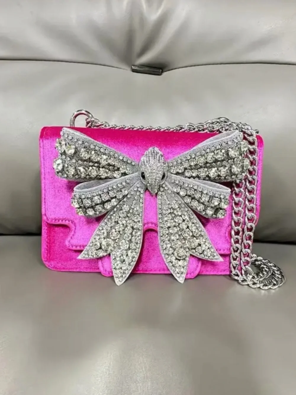 New Kurt Geiger Pink Velvet Chain Shoulder Bag with Crystal Bow Accent